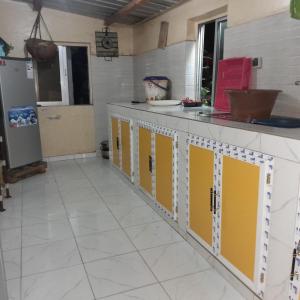 格雷岛NAFI'0的厨房配有黄色和白色的橱柜