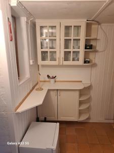 锡姆里斯港Tobishirdgård的厨房配有白色橱柜和台面