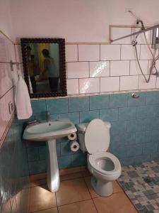 奇南德加Charming 3 bedroom house的一间带卫生间、水槽和镜子的浴室