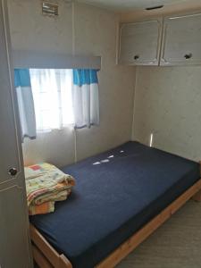 TopólkaPole biwakowe Głuszynek的一张位于小房间的床,配有蓝色床垫