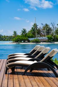 阿瓦托鲁Motu Fara Private Island的坐在水边的码头上的一排椅子