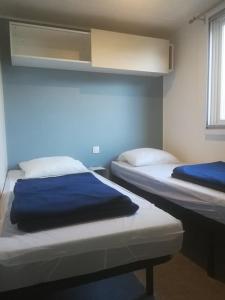 Plomeur澜汶露营酒店的蓝色墙壁客房的两张床
