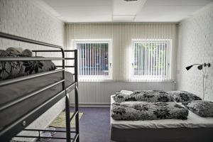 格林斯泰兹Danhostel Grindsted-Billund的带两张双层床和两扇窗户的房间