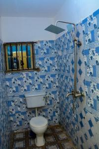 Suberu OjeRehoboth hotel, Apartment and Event services的蓝色瓷砖浴室设有卫生间和淋浴。