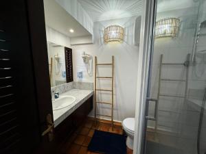 拉特里尼泰La Caravelle - Agréable studio vue sur mer avec piscine的白色的浴室设有水槽和卫生间。