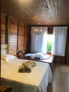 佩德拉阿祖尔Recanto do Pimenta的一间卧室配有一张位于后面的浴缸的床。