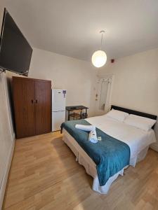 伦敦Bruce Rooms的一间卧室配有一张大床和电视