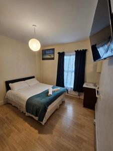 伦敦Bruce Rooms的一间卧室配有一张床和一台平面电视