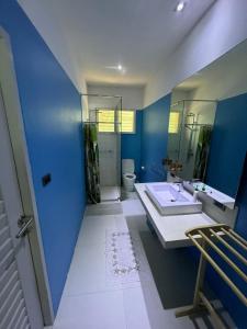 苏梅岛Baan Bangrak Garden的蓝色的浴室设有水槽和卫生间