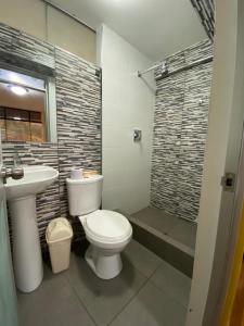 瓦拉斯Wayra Hotel的浴室配有卫生间、盥洗盆和淋浴。