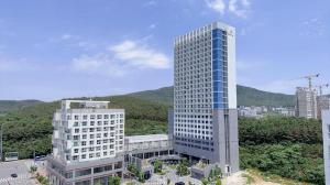 仁川市Yeongjong Shine Hotel的一座高大的建筑,位于一座有山底的城市