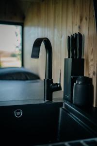 帕蒂赞斯克AIVA Glamping的厨房水槽设有水龙头和刀架