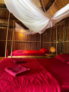 芹苴Hometravel Mekong Can Tho的一间卧室配有两张床和蚊帐