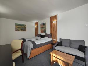 卢切内茨Hotel P7的一间卧室配有一张床和一张沙发