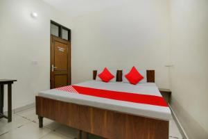 卢迪亚纳Wave Inn Guest House的一间卧室配有一张带红色枕头的床