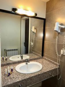 杰津鸢尾花酒店的一间带水槽和大镜子的浴室