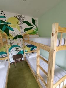 阿拉亚尔达茹达Ôxe Uai Hostel的客房设有三张双层床和壁画