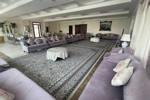 半月湾Secret Beach Resort的客厅配有紫色沙发和地毯。