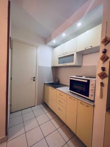 布德瓦Apartment Babin do的小厨房配有白色橱柜和微波炉