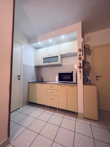 布德瓦Apartment Babin do的厨房配有白色橱柜和微波炉
