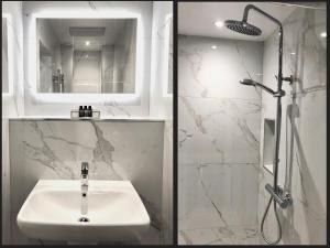 斯卡伯勒和里钠酒店的浴室的两张照片,配有水槽和淋浴