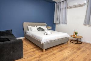 海法GODSON TALPIOT的一间卧室配有床、沙发和蓝色的墙壁。