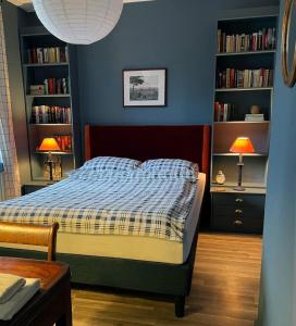 吕贝克The cozy family Retreat Lübeck的一间卧室配有床和书架,并提供书籍