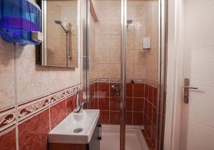 伊斯坦布尔THE BEYBÛN HOTEL的一间带水槽和淋浴的浴室