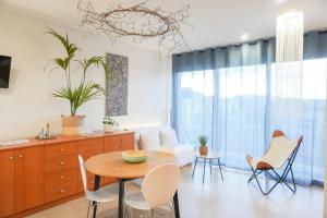 卡斯特罗·德波利亚斯Costa Brava acollidor apartament amb gran terrassa per a 3 persones的厨房以及带桌椅的起居室。