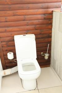 雾观萨比河布什酒店的浴室设有卫生间和木墙