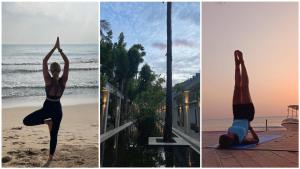 亭可马里Trinco Boutique Hotel的一位在海滩上做瑜伽的女人的三张照片