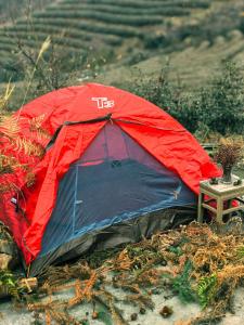 张家界Zhangjiajie National Forest Park Camping的坐在田野上的红黑帐篷
