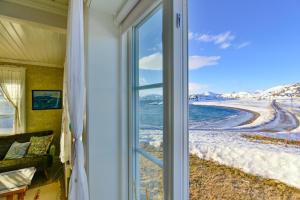 KongsfjordKongsfjord Arctic Lodge的享有海滩景致的窗户。