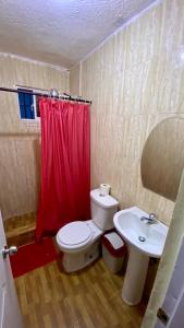 圣塔芭芭拉-山美纳Paraíso de Rojas hotel的浴室设有卫生间和带红色淋浴帘的盥洗盆。