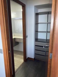 康康Departamentos Mednav Montemar & Spa的浴室设有玻璃门,通往房间