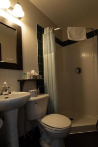 班夫班夫YWCA旅舍的浴室配有卫生间、盥洗盆和淋浴。