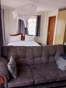 内罗毕Mvuli suites studio的一张沙发,位于一个配有床和窗户的房间