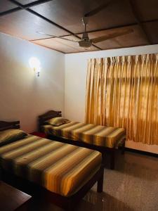 尼甘布Ceylon Glory Hostel的配有窗帘的客房内的两张床