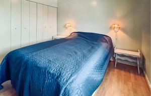 SvingvollStunning Home In Svingvoll With House A Mountain View的一间卧室配有一张带蓝色毯子的床