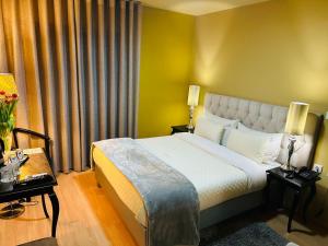 布拉干萨郁金香酒店的酒店客房,设有床和黄色的墙壁