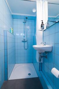 阿斯米尔Island Sleeping的蓝色的浴室设有水槽和淋浴
