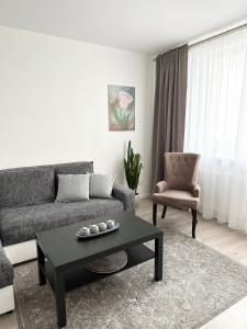 希卢泰Jaukūs apartamentai Šilutėje的带沙发和咖啡桌的客厅
