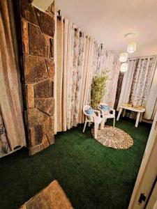 格兰贝伊Grand Baie Holiday Apartment的一间客厅,配有绿色地毯和石墙