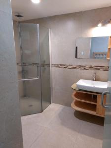 墨西哥城Hostal Boutique de Venecia的一间带玻璃淋浴和水槽的浴室