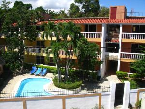 苏莎亚索苏套房公寓的享有酒店空中景色,设有游泳池和棕榈树