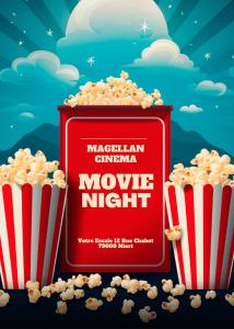 尼奥尔Votre Escale - Magellan Cinéma的两桶爆米花和电影之夜海报