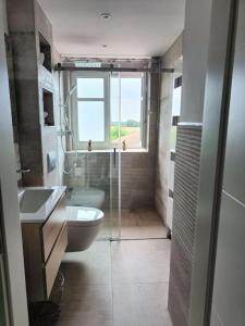 瓦尔斯罗德Boitzer Stuuv的浴室配有卫生间、盥洗盆和淋浴。