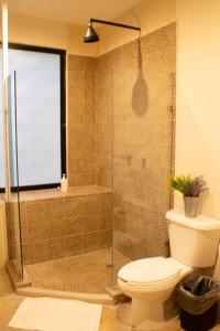 梅里达Casa Kuxul的一间带卫生间和玻璃淋浴间的浴室