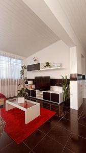 马希库Kanela Guest house的带沙发和红色地毯的客厅