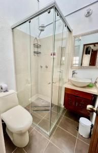 莱瓦镇Hotel-Apartahotel Boutique Piedra & Luna的带淋浴、卫生间和盥洗盆的浴室